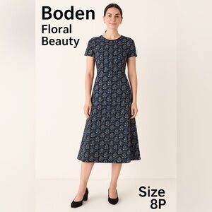 Boden Blue Black Floral Fit & Flare Dress 8P | Short Sleeve Midi Vintage Style